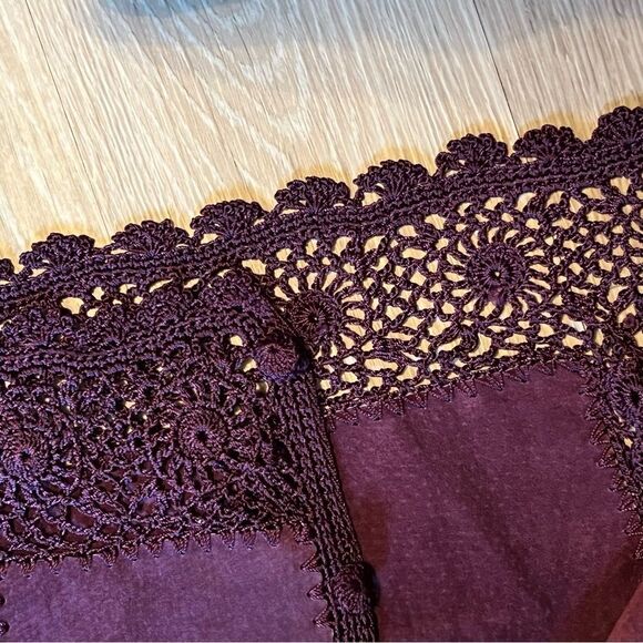 90s 70s Suede Crochet Patch Plum Boho Lagenlook Open Oversized Jacket M Xl Vtg - Picture 6 of 9